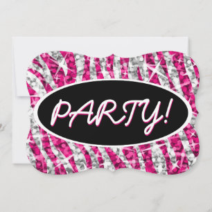 Convites Glitz Zebra Pink 'Party!' - Parêntese oval preto
