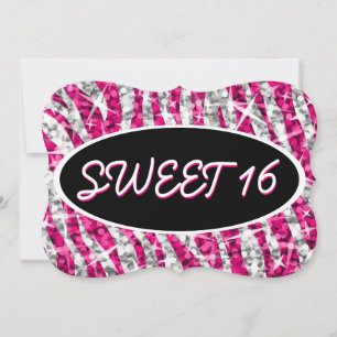 Convites Glitz Zebra Rosa 'Sweet 16' suporte oval preto