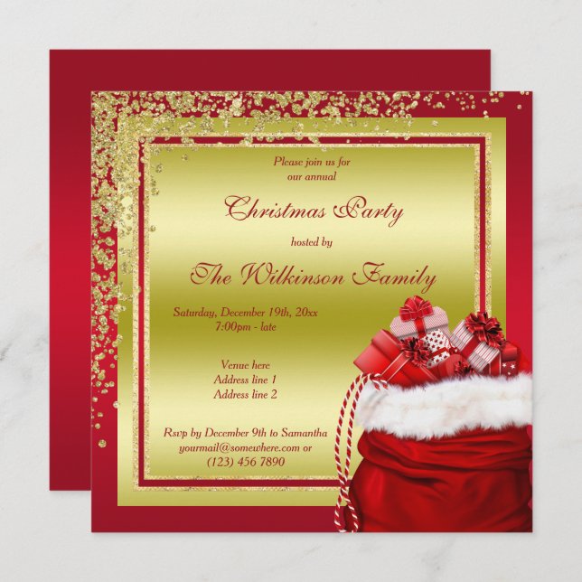 Convites Glitzy Dourado Confetti e presentes de Papais noei (Frente/Verso)