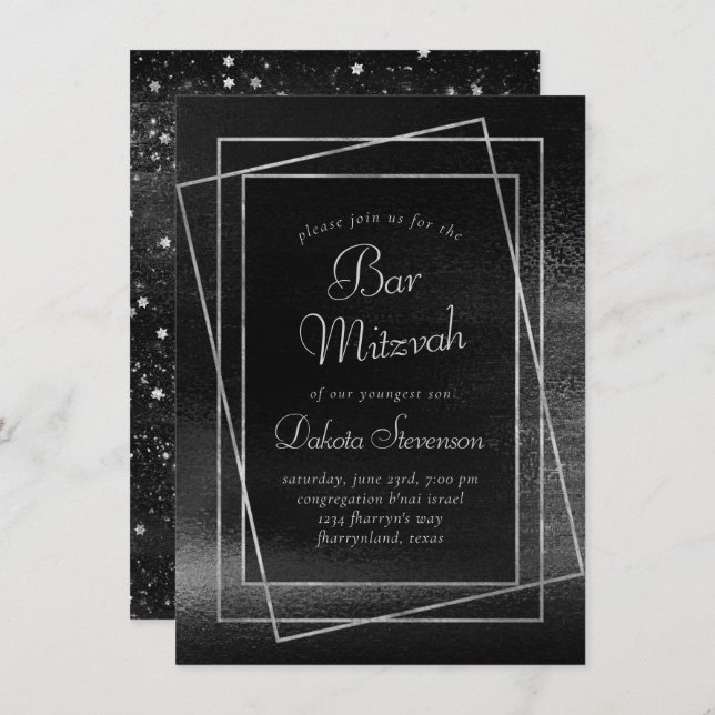Convites Glitzy Foil | Bar de prata de platina ou Bat Mitzv (Frente/Verso)
