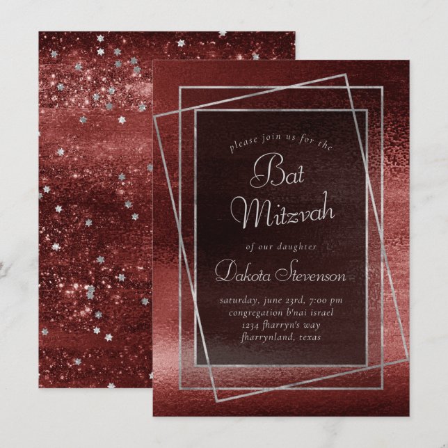 Convites Glitzy Foil | Bar Vermelho Henna Crimson ou Bat Mi (Frente/Verso)