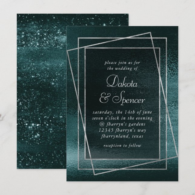 Convites Glitzy Foil | Casamento Metálico Shamrock Green Fa (Frente/Verso)