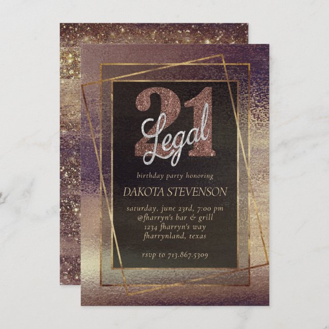 Convites Glitzy Foil | Cobre 21 de bronze de Ouro e Legais (Frente/Verso)