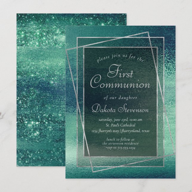 Convites Glitzy Foil | Comunhão Verde Iridescente de Seafoa (Frente/Verso)