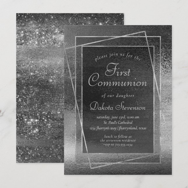 Convites Glitzy Foil | Comunidade Platinum Silver Shine 1ru (Frente/Verso)