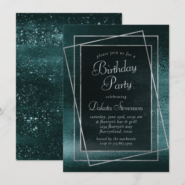 Convites Glitzy Foil | Festa de aniversário de Glama Verde  (Frente/Verso)