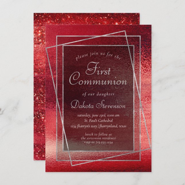 Convites Glitzy Foil | Henna Crimson Red First Commune (Frente/Verso)