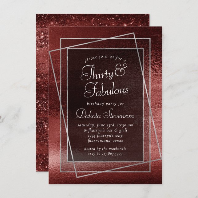 Convites Glitzy Foil | Henna Crimson Red Glitter Aniversári (Frente/Verso)