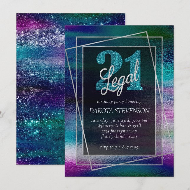 Convites Glitzy Foil | Holographic Dark Ombre 21 e Legal (Frente/Verso)