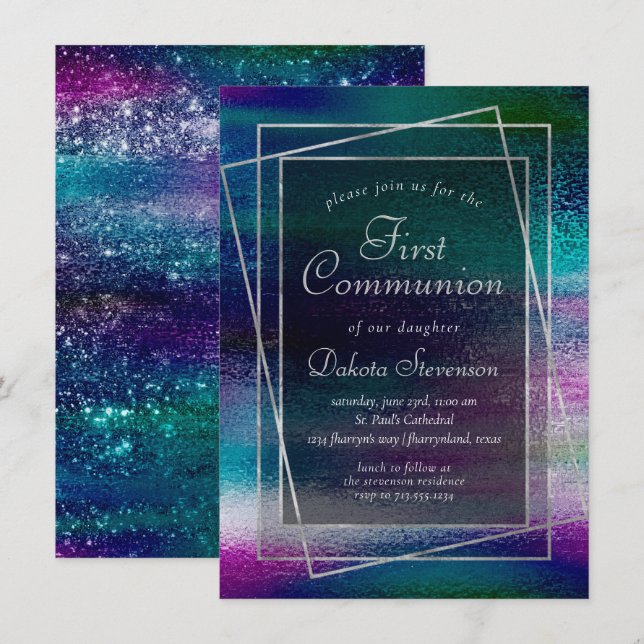 Convites Glitzy Foil | Holographic Ombre First Communes (Frente/Verso)