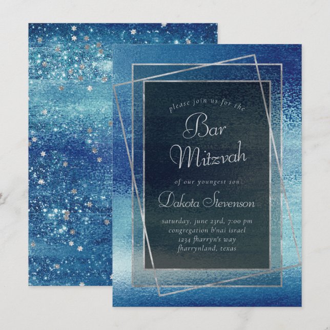 Convites Glitzy Foil | Ice Blue Faux Iridescente Bat Mitzva (Frente/Verso)