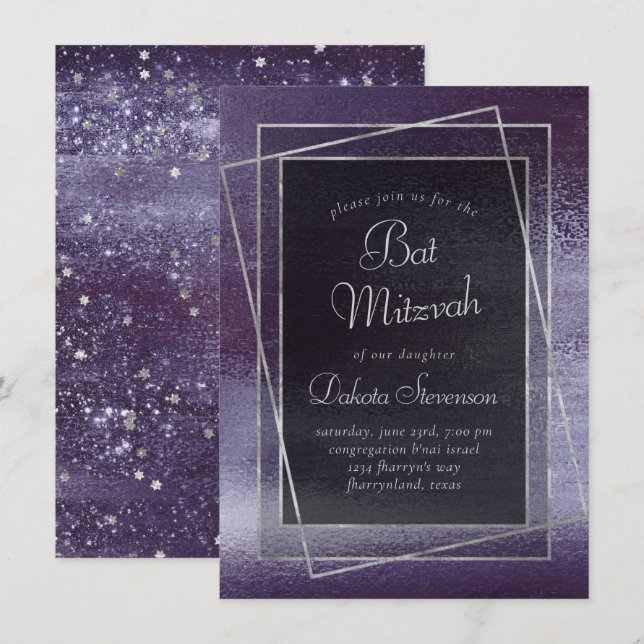 Convites Glitzy Foil | Indigo Midnight Roxo Mitzvah (Frente/Verso)