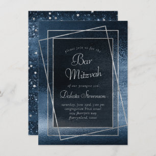 Convites Glitzy Foil   Marinho Blue Faux Glitter Bat Mitzva