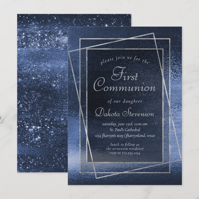 Convites Glitzy Foil | Marinho Blue Glitter Primeira Comunh (Frente/Verso)