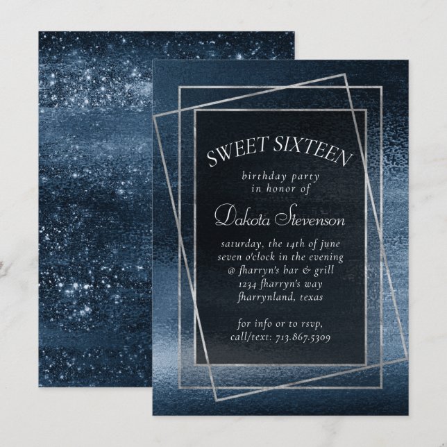 Convites Glitzy Foil | Marinho Blue Glitter Sparkle Sweet 1 (Frente/Verso)