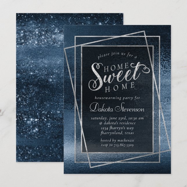 Convites Glitzy Foil | Marinho Blue Sparkle Home Sweet Home (Frente/Verso)