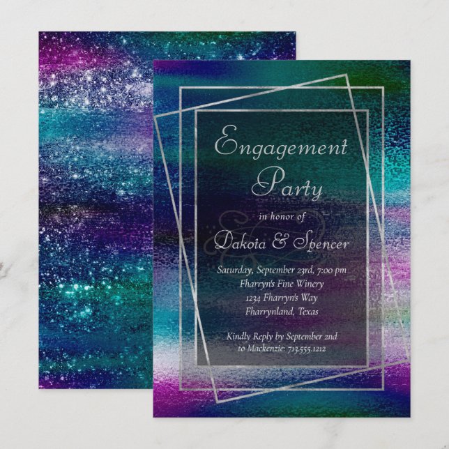 Convites Glitzy Foil | Noivado Sparkle Holográfico Faux (Frente/Verso)