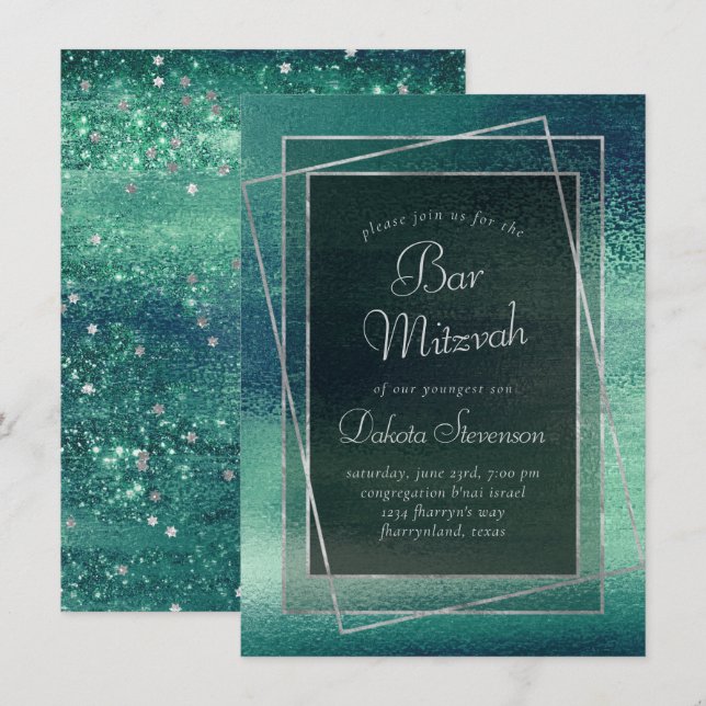 Convites Glitzy Foil | Seafoam Iridescente Bar Verde Mitzva (Frente/Verso)