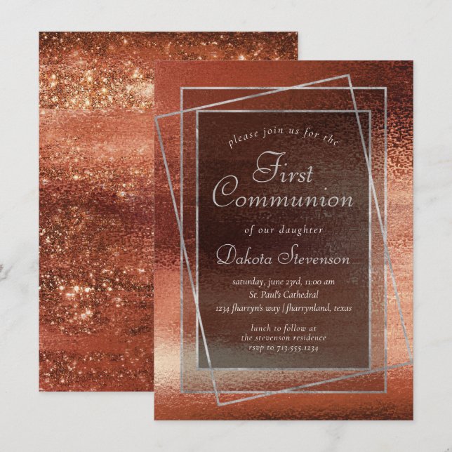 Convites Glitzy Foil | Terra Cotta Orange Primeira Comunida (Frente/Verso)