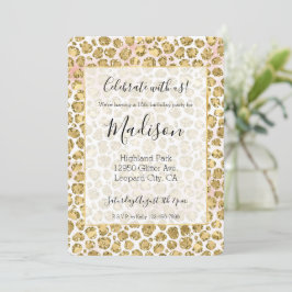 Convites Glitzy Glam Dourada Blush Gliter Impressão Leopard