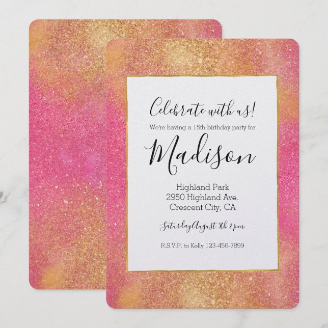 Convites Glitzy Pink Dourado Sparkle e Shine Birthday (Frente/Verso)