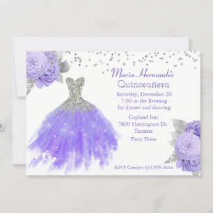 Convites Glitzy Purple e Silver Gown Quinceañera