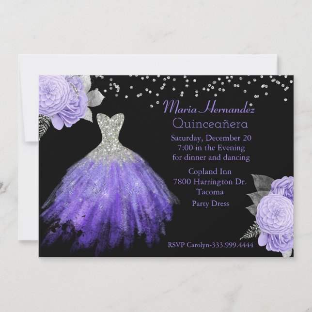 Convites Glitzy Purple e Silver Gown Quinceañera 2 (Frente)