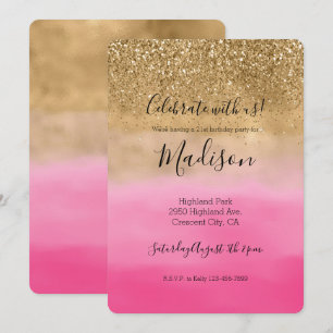 Convites Glitzy Sparkle Glitter Pink Ombre Glitter Dourado