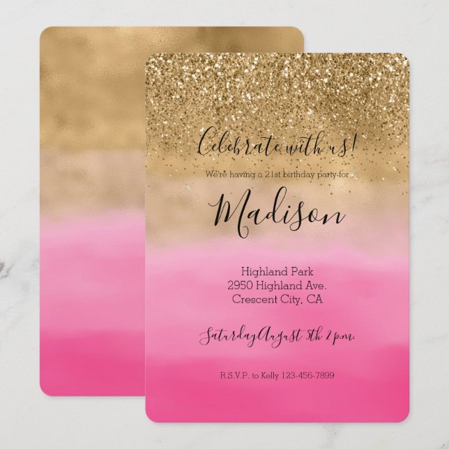 Convites Glitzy Sparkle Glitter Pink Ombre Glitter Dourado (Frente/Verso)
