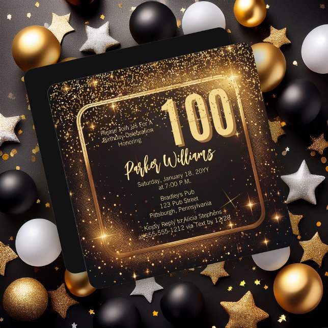 Convites Glitzy Sparkles | Stars Gold 100th Birthday Party (Glitzy Sparkles Black and Gold Tone Modern Elegant 100th Birthday Party Square Invitation )