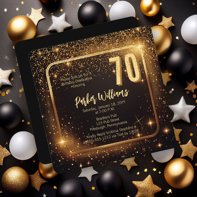 Convites Glitzy Sparkles | Stars Gold 70th Birthday Party (Glitzy Sparkles Black and Gold Tone Modern Elegant 70th Birthday Party Square Invitation )