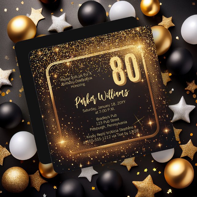 Convites Glitzy Sparkles | Stars Gold 80th Birthday Party (Glitzy Sparkles Black and Gold Tone Modern Elegant 80th Birthday Party Square Invitation )