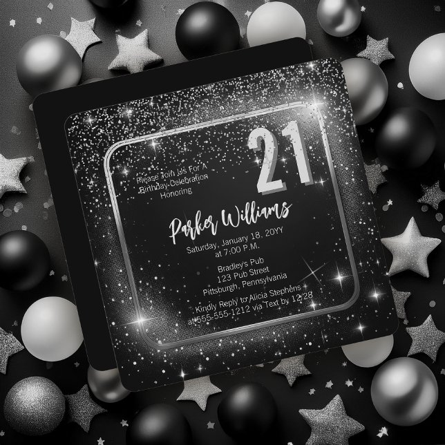 Convites Glitzy Sparkles | Stars Silver 21st Birthday Party (Glitzy Sparkles Black and Silver Tone Modern Elegant 21st Birthday Party Square Invitation )