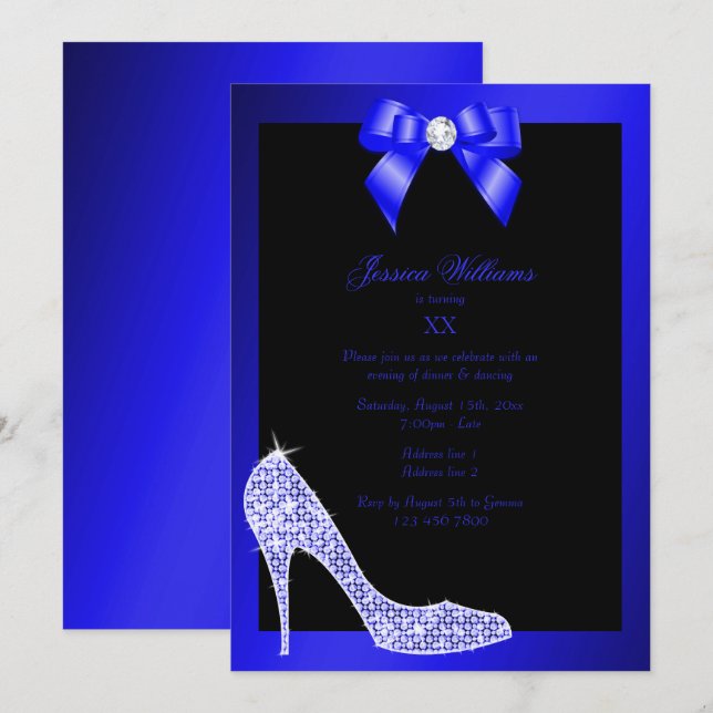Convites Glitzy Sparkly Stiletto, Arco Azul Festa de Aniver (Frente/Verso)