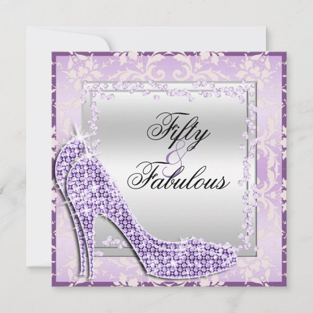 Convites Glitzy Stilettos, Diamantes e Damask Fabulous 50 (Frente)