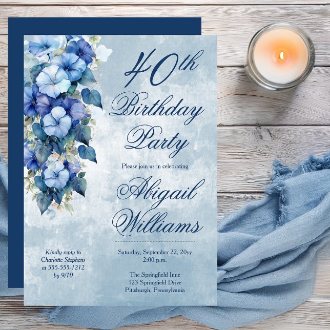 Convites Glórias da manhã elegantes aniversário de 40 anos  (Boho Elegant Morning Glories Blue Floral 40th Birthday Party Invitation - Print | Digital Download)