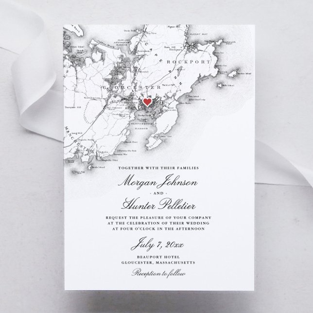 Convites Gloucester Cape Ann Elegant Black White Casamento (Gloucester Massachusetts elegant black and white map wedding invitation)