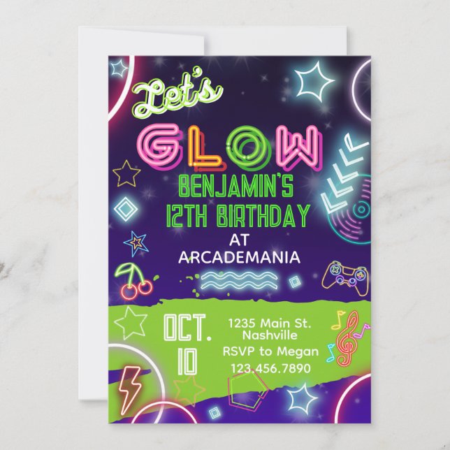 Convites GLOW Birthday Gaming Arcade Party - Festa de jogos (Frente)