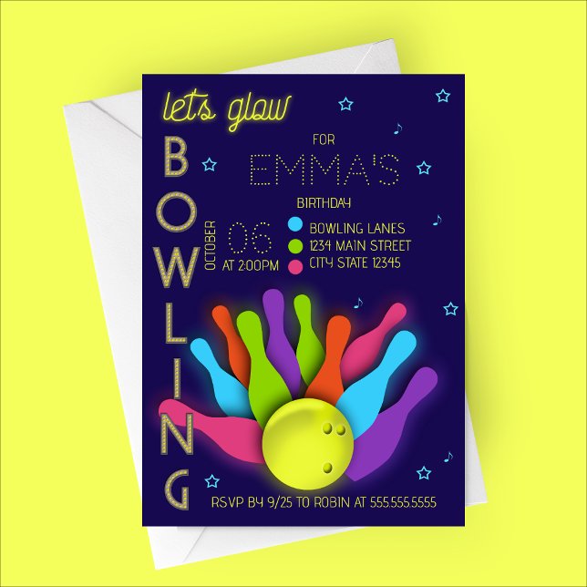 Convites Glow Neon Bowling Birthday Invitation (Let's Glow Bowling | Cosmic Bowling Birthday Party Invitation)