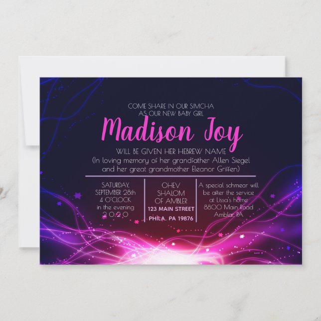Convites GLOW NEON ESTARIA Jewish Baby Naming Invitation (Frente)