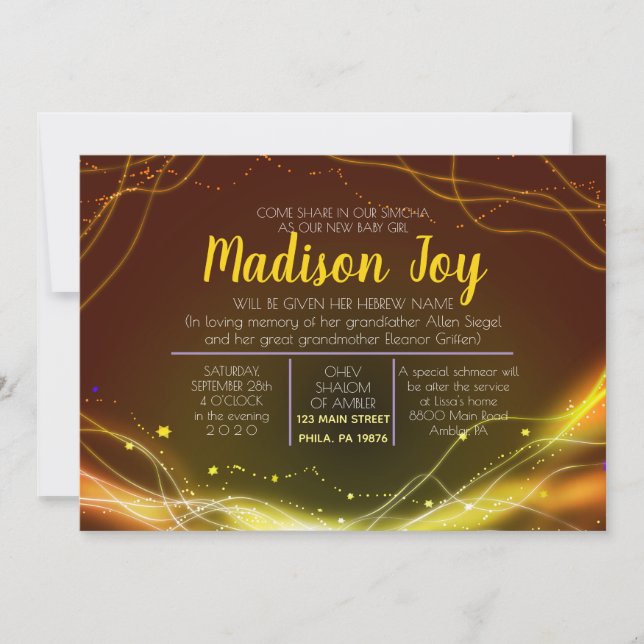 Convites GLOW NEON ESTARIA Jewish Baby Naming Invitation (Frente)
