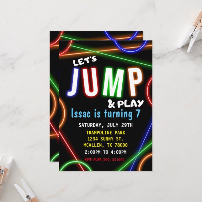 Convites Glow Neon Let's Jump Birthday Party Invitation (Frente/Verso In Situ)