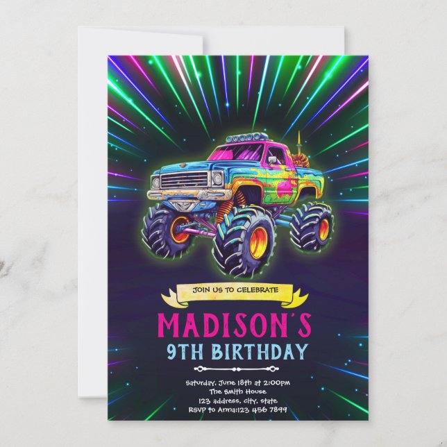 Convites Glow neon monster truck invitation (Frente)