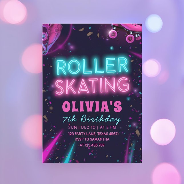 Convites Glow Roller Skating Birthday | Neon Lights Party (Criador carregado)
