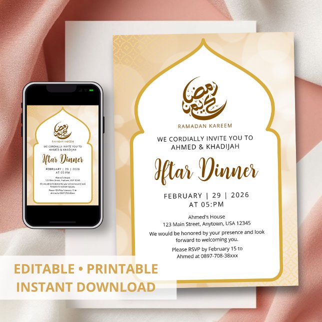 Convites Glowing Gold Bokeh Ramadan Iftar Invitation (Criador carregado)