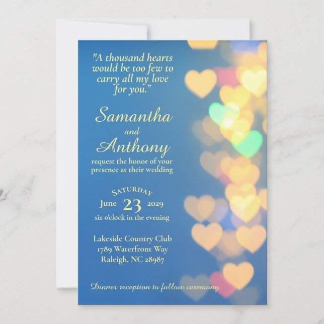 Convites Glowing Hearts on Blue Elegant Wedding Invitation (Frente)