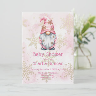 Convites Gnome de Natal Rosa Flocos de Neve Dourados Chá de