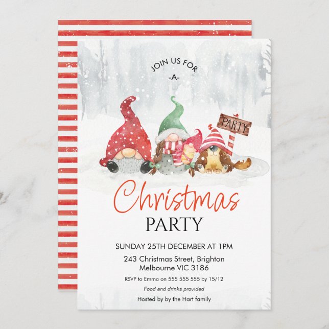 Convites Gnomos com Festa de Natal da Família Bebê e Cachor (Frente/Verso)