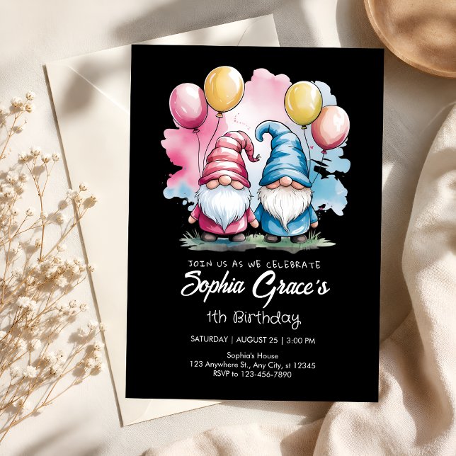 Convites Gnomos Rosa e Azul com Balões de Festa (Criador carregado)