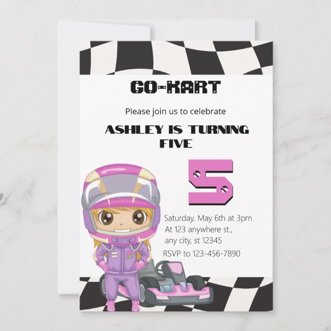Convites GO-KART Girly Cinco Aniversário | Rapariga De Qual (Frente)
